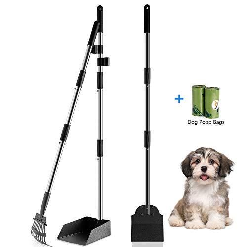 Toozey Dog Pooper Scooper, Upgraded Adjustable Long Handle Metal Pooper Scooper for Dogs, Pet Poop Scooper Set with Tray, Rake and Spade, Suit for Small Medium Large Dogs Waste Removal, Gravel, Grass