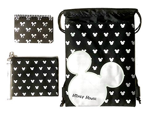 Disney Mickey Mouse Glow in the Dark Drawstring Backpack Plus Autograph Book with Purse - Set of 3 Silver (Small Head)
