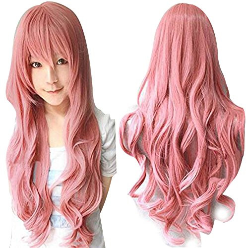 ANOGOL Pink Long Wavy Cosplay Wig Synthetic Wig Pink Cosplay Wig for Girls Pink Wavy Cosplay Costume Wig for Kids Cosplay Wig With Bangs for Halloween