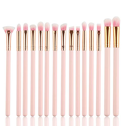 Eye Makeup Brushes Set, Logiverl 15 Pieces Eyeshadow Makeup Brush Set Included Eyeshadow Eyebrow Mini Fan Brush with Wooden Handle(Pink)