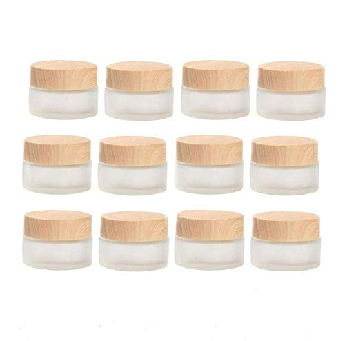 Healthcom 12Pcs 30g/1oz Empty Round Frosted Glass Cosmetic Cream Jars Bottle Holder Case Vial Pot with Wood Grain Lids Cosmetic Container Glass Bottles for Lotion Face Cosmetic Eye Cream