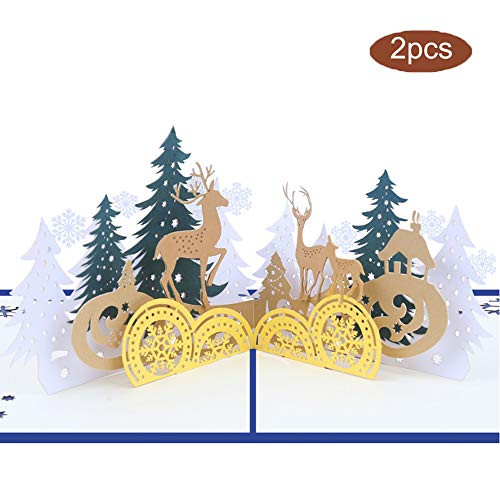 Tmflexe 2 Pieces Christmas Cards with Envelope, Christmas Pop Up Card, 3D Popup Greeting Cards Handmade Paper Craft for Christmas,New Year Holiday Gift