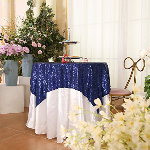 PartyDelight Sequin Tablecloth, Sequin Table Overlay Square, 50"x50", Navy Blue