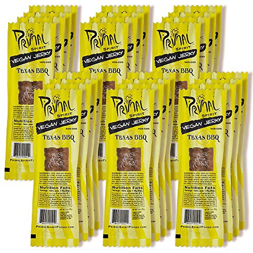 Primal Spirit Vegan Jerky  Classic Flavor  Texas BBQ, 10 g. Plant Based Protein, Certified Non-GMO, No Preservatives, Sports Friendly Packaging (24 Pack, 1 oz)