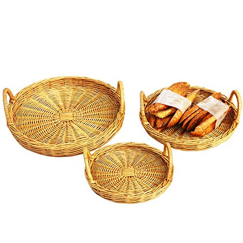 REVOLUMINI Wicker Bread Baskets,Wicker Tray,Serving Basket For Food Fruit,Tabletop Storage Basket Serving Basket,Restaurant Serving,Set of 3 (Round, Beige)