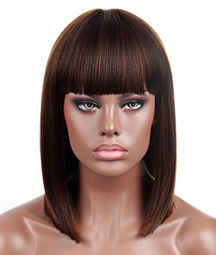 Kalyss Blunt Bob Short Hair Wigs for Women Heat Resistant Yaki Synthetic Hair Brown Highlights Womens Wig With Hair Bangs (Brown)