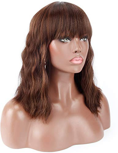 Kalyss 14" Synthetic Brown Highlights Wigs with Hair Bangs Short Wavy Curly Wig for Women -Natural Looking and Heat Resistant Full Head Hair Replacement Wig for Daily Wear or Costume Wig
