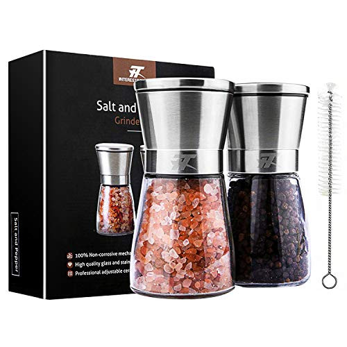 Elegant Salt and Pepper Grinder Set, INTEREST&TASTE Premium Stainless Steel Salt & Pepper Mill Shakers with Clean Brush - Enjoy Your Favorite Spices, Fresh Ground Pepper, Himalayan Or Sea Salts(Short)