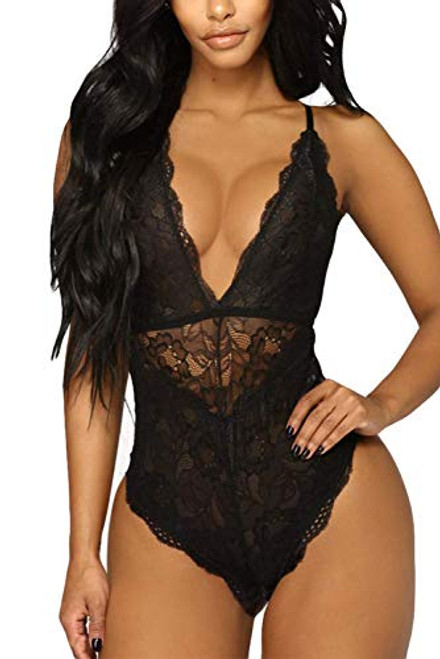 Aranmei Women Deep V Sexy Lace Bodysuit Snap Crotch Lingerie Teddy Underwear (Black, Medium) Aranmei Women Deep V Sexy Lace Bodysuit Snap Crotch Lingerie Teddy Underwear (Black, Medium)
