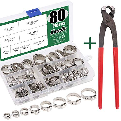 Keadic 80Pcs 1/4"-15/16" 304 Stainless Steel Single Ear Hose Clamps Pex Pinch Clamp Assortment Kit with Ear Clamp Pincer for Securing Pipe Hoses and Automotive Use
