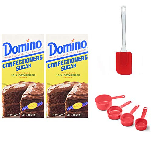 Domino Powdered Confectioners Sugar 16oz, 2 Pack---2 Pounds TOTAL (Including Professional Plastic Classic Measuring Scoops Set & Silicone Mixing Spatula) Domino Sugar & Baking Utensil Set
