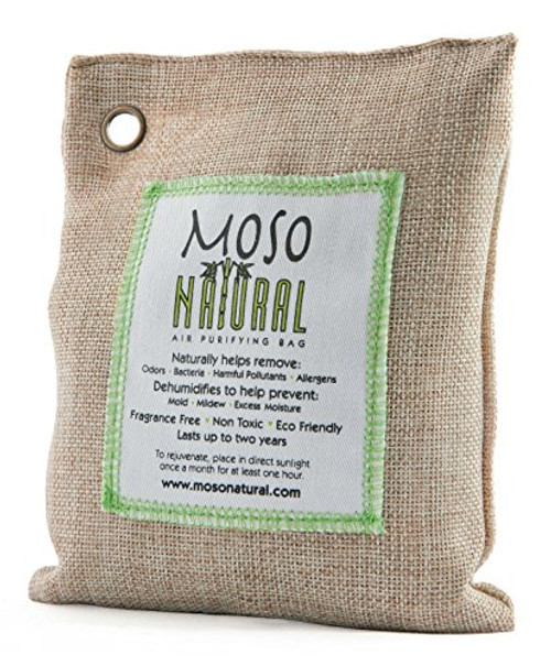 Moso Natural Air Purifying Bag. Odor Eliminator for Cars, Closets, Bathrooms and Pet Areas. Captures and Eliminates Odors. Natural Color, 200-G