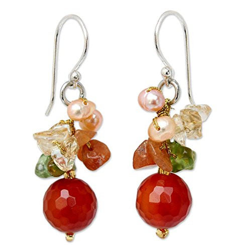 NOVICA Cultured Freshwater Pearl, Peridot, Chalcedony and Quartz Cluster Earrings, Radiant Love' NOVICA Cultured Freshwater Pearl, Peridot, Chalcedony and Quartz Cluster Earrings, Radiant Love'