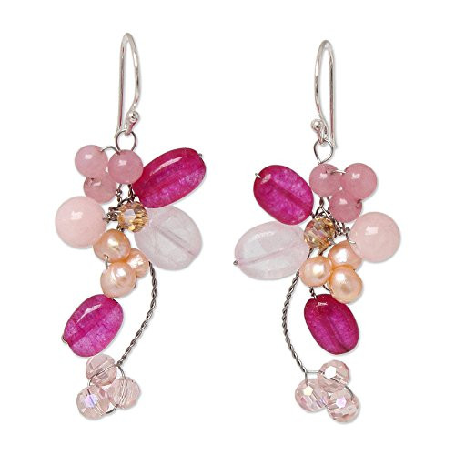 NOVICA Dyed Freshwater Cultured Pearl Cluster Dangle Earrings with Rose Quartz, Radiant Bouquet'