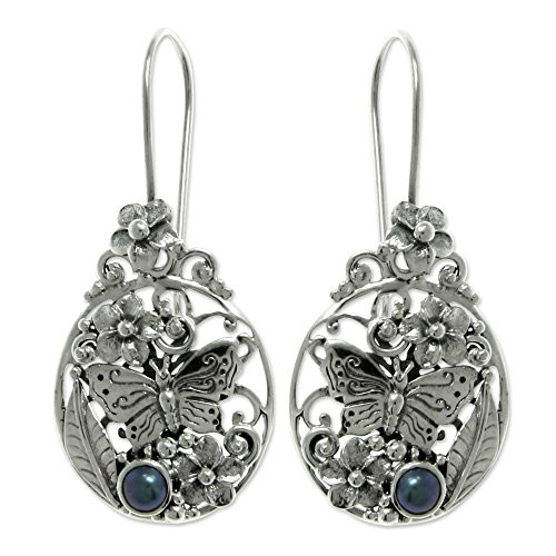 NOVICA Sterling Silver Dyed Cultured Freshwater Peacock Pearl Dangle Earrings 'Frangipani Butterfly' NOVICA Sterling Silver Dyed Cultured Freshwater Peacock Pearl Dangle Earrings 'Frangipani Butterfly'