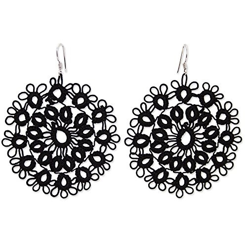 NOVICA Crochet Cotton Dangle Earrings with .925 Sterling Silver Hooks 'Black Doily'