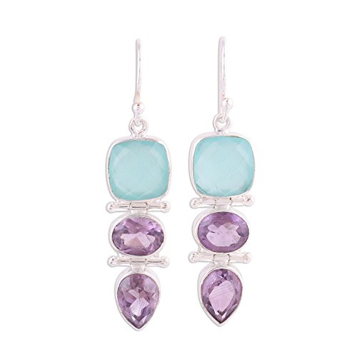 NOVICA Amethyst and Blue Chalcedony .925 Sterling Silver Dangle Earrings 'Glittering Muse'