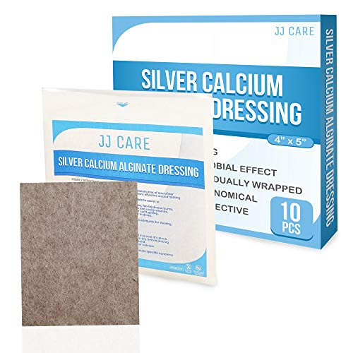JJ CARE [Pack of 10] Silver Alginate Wound Dressing Pads 4" x 5", Calcium Alginate, Wound Dressing, Patches, Antimicrobial, Sterile, Non-Stick Padding, Comfortable and Absorbent
