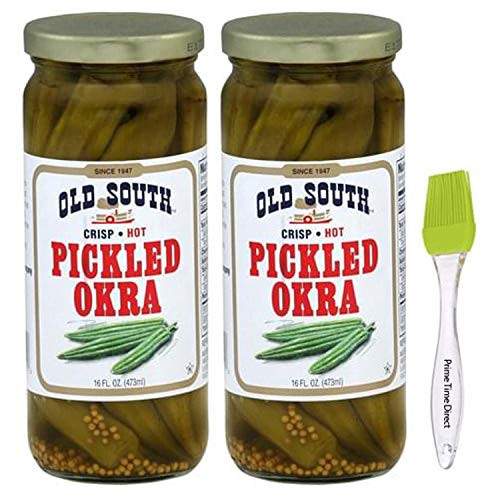 Old South Pickled Hot Okra 16 Oz (2 Pack) Bundled with PrimeTime Direct Silicone Basting Brush in a PTD Sealed Bag