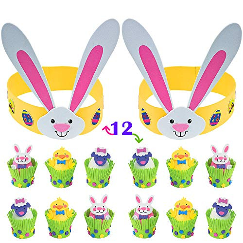 4E's Novelty Bulk (Makes 24) Easter Crafts for Kids, 12 Foam Easter Egg Decorating Craft Kits, 12 Foam Bunny Headband Craft Kits, Easter DIY Foam for Kids Crafts Party Favors Supplies