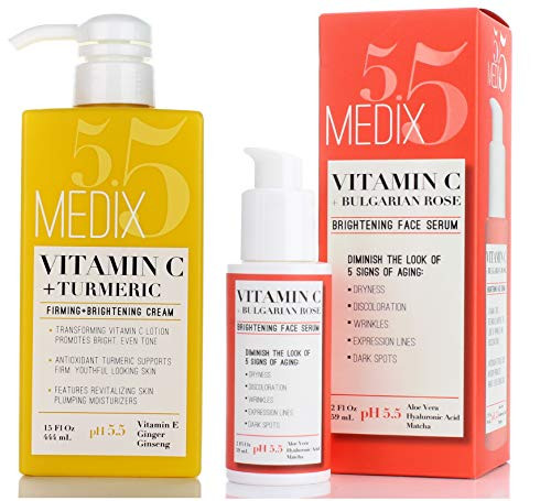 Medix 5.5 Vitamin C Cream & Vitamin C Serum Two Piece Set. Anti-Aging Vitamin C Set with Vitamin E & Turmeric for Brightening, Dark Spots, Discoloration, and Sun Damaged Skin. 15oz Cream + 2oz Serum.
