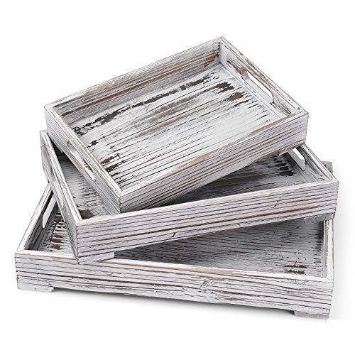 Flexzion Wooden Nesting Trays, Breakfast in Bed Serving Tray with Cutout Handles - Set of 3, Decorative Rustic Torched Whitewash Wood Platter Organizer Serve for Coffee Food Home Kitchen Table Display