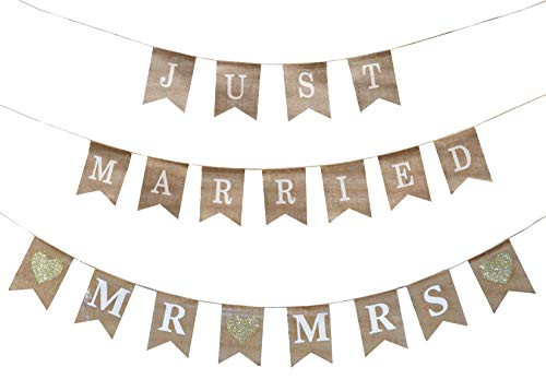 Mandala Crafts Just Married Burlap Banner, Mr and Mrs Pennant Bunting Flag for Wedding Party Decoration