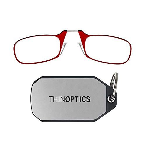 ThinOptics Keychain Case + Rectangular Reading Glasses, Red, 44 mm + 2