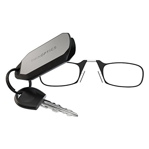 ThinOptics Keychain Case + Rectangular Reading Glasses, Black (Retail), 44 mm + 2.5