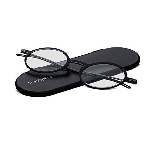 ThinOptics Round Frontpage Manhattan Reading Glasses + Milano Aluminum, Black Frames/Silver Case, 1.5 x