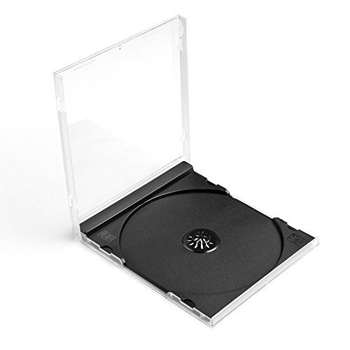 Flexzion CD Jewel Cases 100 Pack 10mm Thick Standard Single Clear DVD Movie Music Blu-ray Disc Media Storage Boxes Collectible Holder Organizer with Black Tray