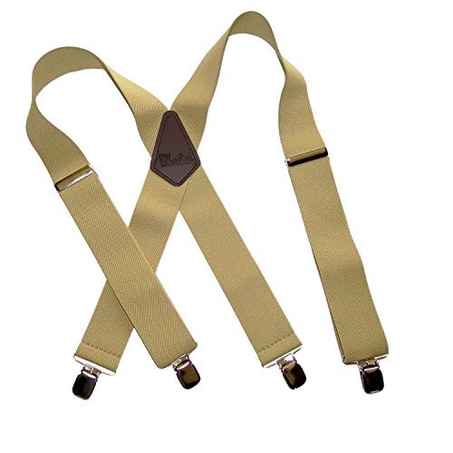 Holdup Brand XL Big and Tall Sun-Tan X-back wide work Suspenders and No-slip Jumbo Silver Clips