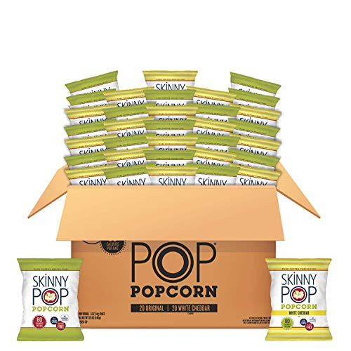 SkinnyPop Popped Popcorn Variety (Original & White Cheddar), Individual Bags, Healthy Snacks, 0.5oz (Pack of 40)