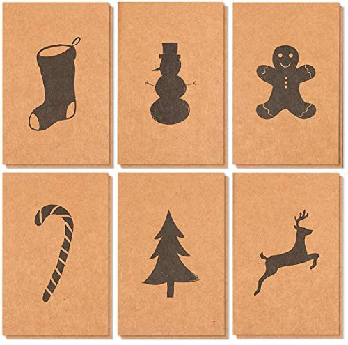 36-Pack Merry Christmas Greeting Cards Bulk Box Set - Winter Holiday Xmas Kraft Greeting Cards with Black Silhouette Designs, Envelopes Included, 4 x 6 Inches