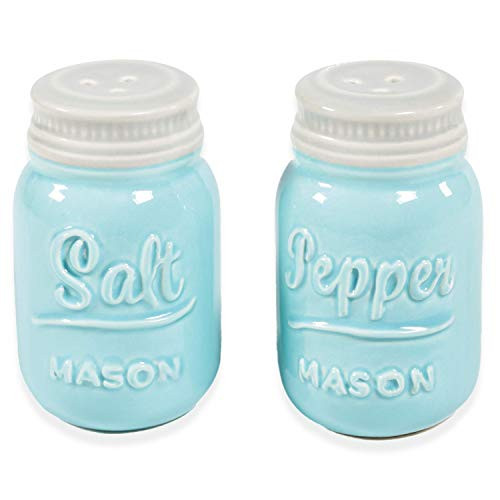 Mason Salt & Pepper Shakers - Vintage Ceramic Salt & Pepper Shaker Set - Retro Farmhouse Decorative Jar Dispenser for Kitchen (Blue)