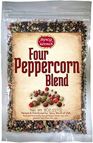 Four Peppercorn Rainbow Blend 8 oz in Resealable Bag  Perfect Flavor Blend - NON-GMO, Steam Sterilized - Whole Black, Whole Green, Whole White & Whole Pink Peppercorns - by Spicy World