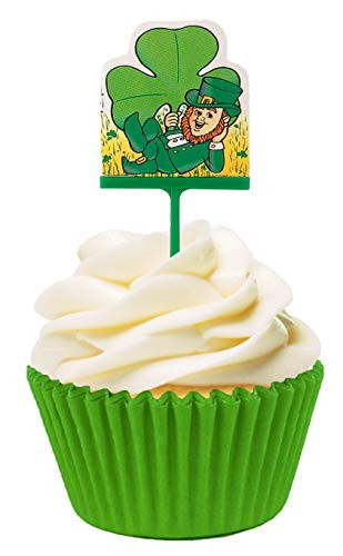 St. Patricks Cupcake Baking Liners & Wilton Lucky Green Shamrock Leprechaun Toppers - 24 Cups & 24 Picks