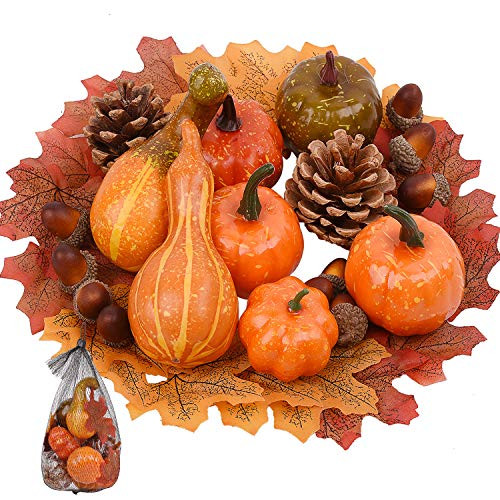 Lulonpon Artificial Vegetables for Decoration,Fake Pumpkins,Lifelike Maple Leaves with Cones Acorns and Pinecones for Fall Party Table Fireplace Decor Wreath Craft Harvest Halloween Thanksgiving