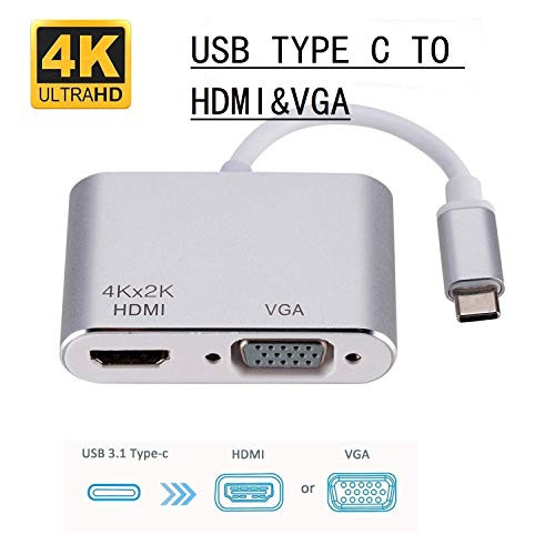 LWS USB Type C to HDMI + VGA, USB Type C (Thunderbolt 3 Compatible) to HDMI 4K+VGA Adapter, Compatible with MacBook Pro/Chromebook Pixel/Dell XPS 13/Yoga 910,iPad Pro 2018,MacBook Air 2018,(Silver)