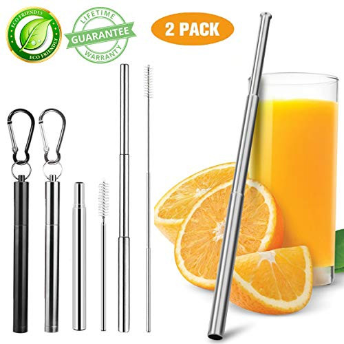 Metal Straws Collapsible Straws, 2 Pack Reusable Straws Food-Grade Portable Straw Stainless Steel Metal Telescopic Drinking Straws with Travel Aluminum Case & Cleaning Brush & Keychain (Black+Silver)