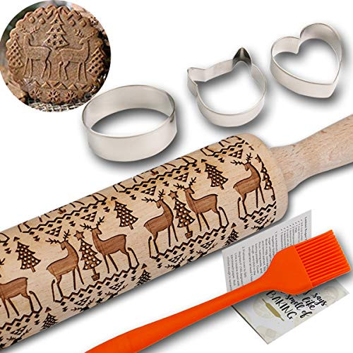 Christmas Embossed Rolling Pins for Baking Cookies + Basting Brush + Cookie Cutters + Recipes Embossing Rolling Pin Animal Wood for Pies Laser Engraved Rolling Pin 3D Embossed Dough Roller Christmas