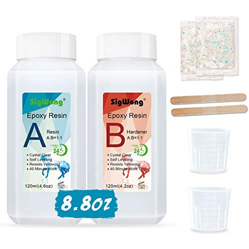 Epoxy Resin Clear Crystal Coating Kit 8.8oz - 2 Part Casting Resin for Art, Craft, Jewelry Making, River Tables, Bonus Resin Glitter, Measuring Cup and wooden sticks