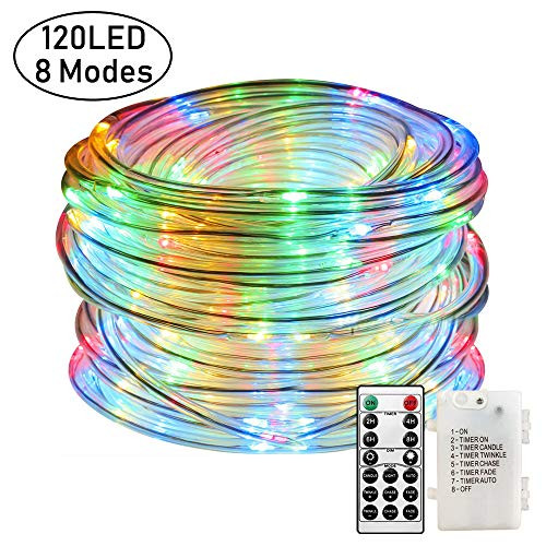 LED Outdoor Lights, Rope String Lights 39ft 120 LEDs Fairy Lights Battery Powered, 8 Modes Dimmable Remote Control Waterproof Christmas Fairy String Lights for Garden Camping Party Decor(Multicolor)