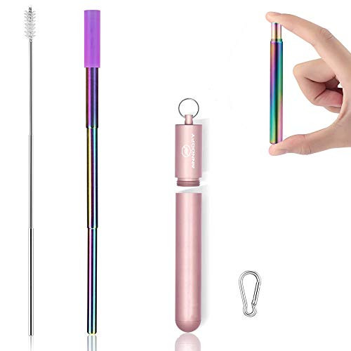 ANNDOFY Portable Reusable Drinking Collapsible Straw - Telescopic Stainless Steel Metal Straw with Aluminum Case & Cleaning Brush (Rose gold)