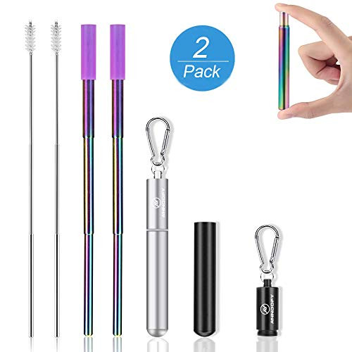 ANNDOFY Portable Reusable Drinking Collapsible Straws - Telescopic Stainless Steel Metal Straw with Aluminum Case & Cleaning Brush (Sliver+Black)