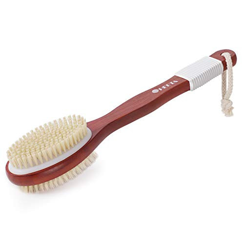 HEETA Body Brush, Long Handle Solid Wood Boar Bristle Brush, Body Exfoliating Brush for Shower, Wet or Dry Brushing, Gently Exfoliate Dead Skin & Cellulite, Natural Bristles and Soft Nylon Brush