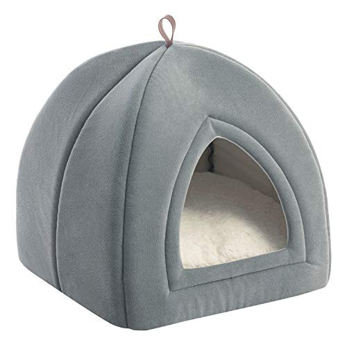 Bedsure Pet Tent Cave Bed for Cats/Small Dogs - 15x15x15 inches 2-in-1 Cat Tent/Kitten Bed/Cat Hut with Removable Washable Cushioned Pillow - Microfiber Indoor Outdoor Pet Beds, Light Grey