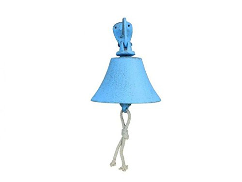 Hampton Nautical Rustic Hanging Ship's Bell 6" Decoration-Antique Vintage Cast Iron, Solid Light Blue