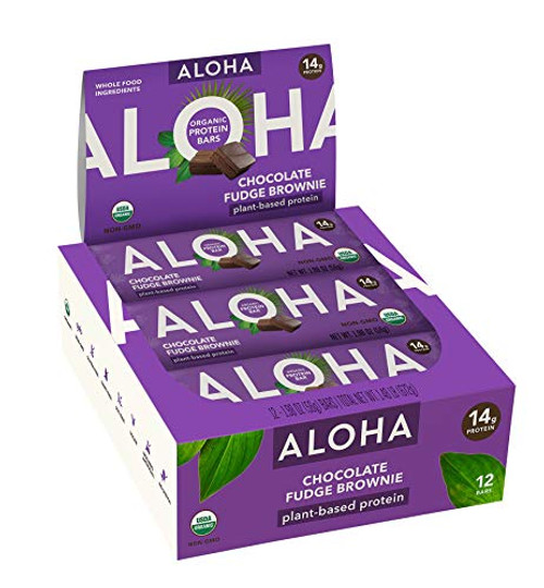 ALOHA Organic Plant Based Protein Bars |Chocolate Fudge Brownie | 12 Count, 1.9oz Bars | Vegan, Low Sugar, Gluten Free, Paleo, Low Carb, Non-GMO, Stevia Free, Soy Free, No Sugar Alcohols