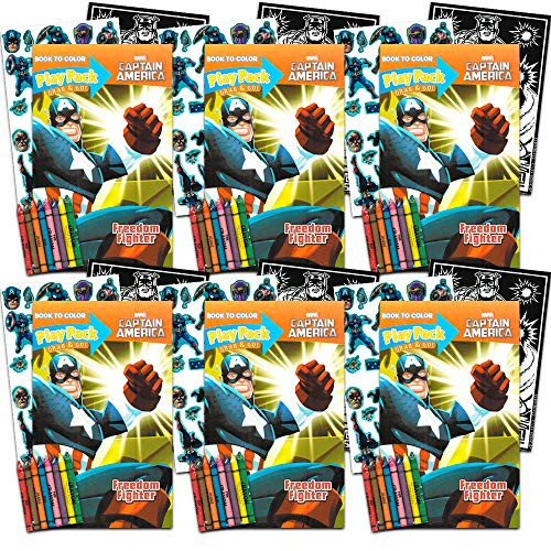 Captain America Party Favors Bundle -- 6 Marvel Avengers Captain America Play Packs with Stickers, Coloring Books, Crayons and More (Captain America Party Supplies)